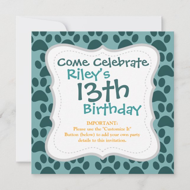 Invitation Cute Chien Chien Chien Empreintes de pattes Blue G (Devant)