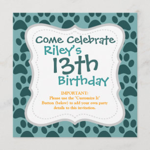 Invitation Cute Chien Chien Chien Empreintes de pattes Blue G