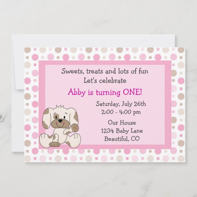 Invitation Cute Chien Chien Filles 1er Anniversaire Invitatio (Devant)