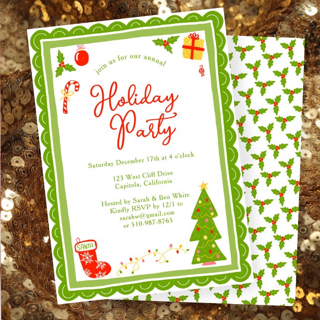 Invitation Cute Christmas Icons Scallop CUSTOM Holiday Party (Cute Christmas Icons Scalloped Edges Whimsical  CUSTOM Holiday Party Invitation
)