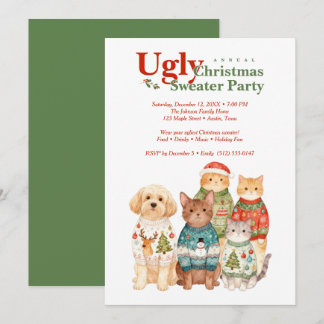 Invitation Cute Christmas Pets Sweater Party Green TMF26