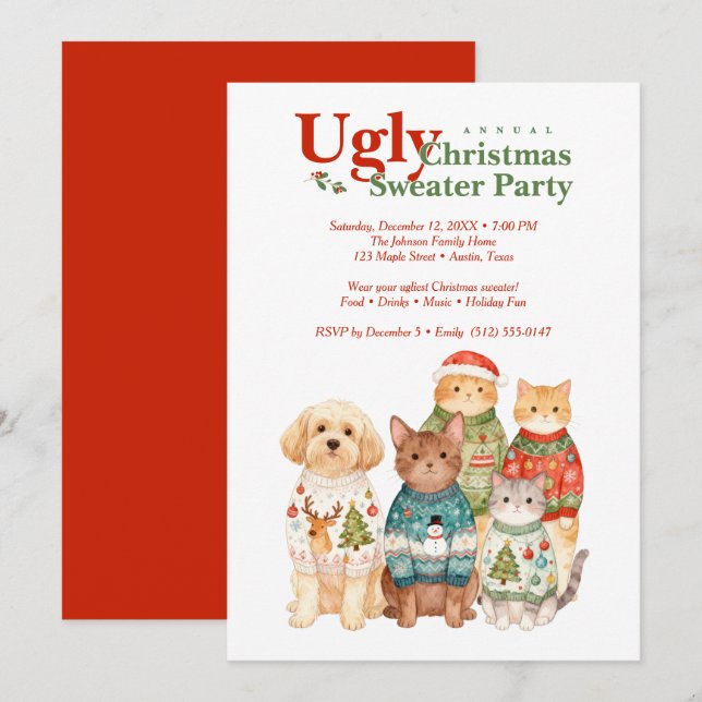 Invitation Cute Christmas Pets Sweater Party Red TMF26 (Devant / Derrière)