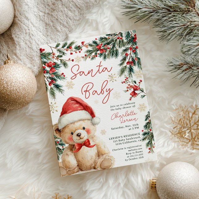 Invitation Cute Christmas Winter Teddy Bear Santa Baby Shower (Cute Christmas Winter Teddy Bear Santa Baby Shower Invitation)