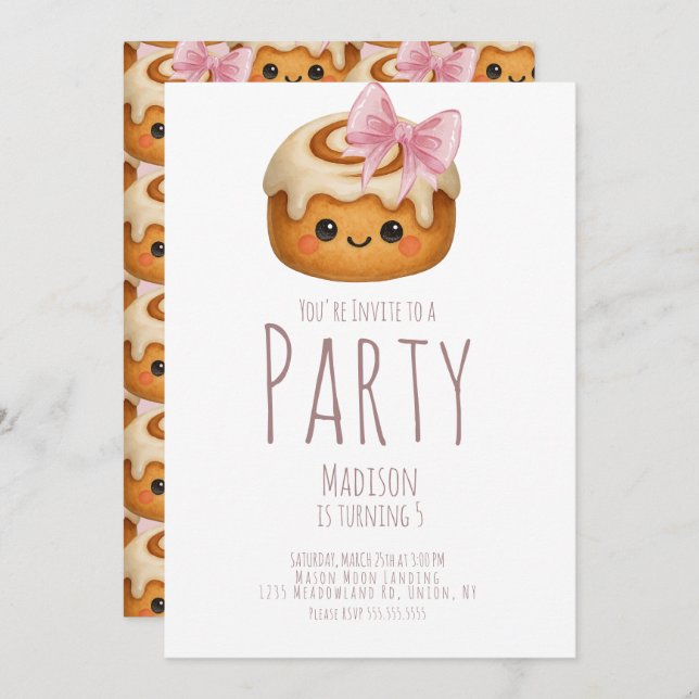 Invitation Cute Cinnamon Roll Bun Girl Birthday Party (Devant / Derrière)
