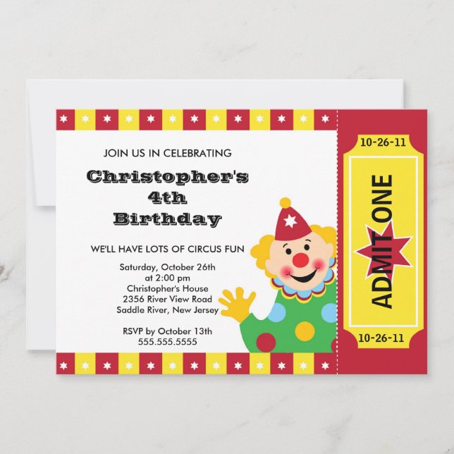 Invitation CUTE Circus Anniversaire de enfant Party Invitatio (Devant)