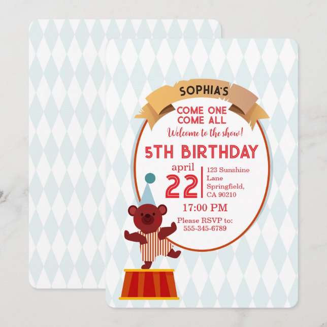 Invitation Cute Circus Bear Birthday  (Devant / Derrière)