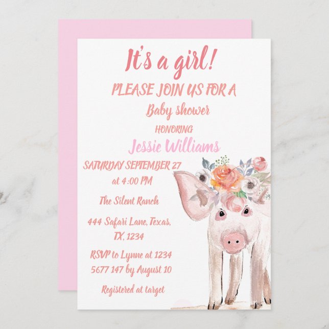 Invitation Cute Cochon Piglet Animaux de ferme Pink Baby Girl (Devant / Derrière)