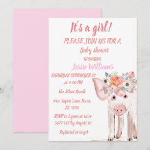 Invitation Cute Cochon Piglet Animaux de ferme Pink Baby Girl