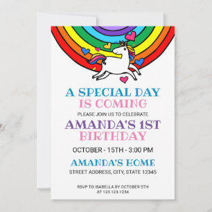Invitation Cute coloré Rainbow Unicorn 1er anniversaire fête