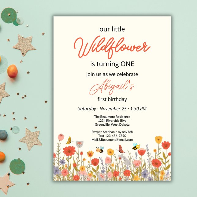 Invitation Cute Colorful Little Wildflower Bee's 1st Birthday (Créateur téléchargé)