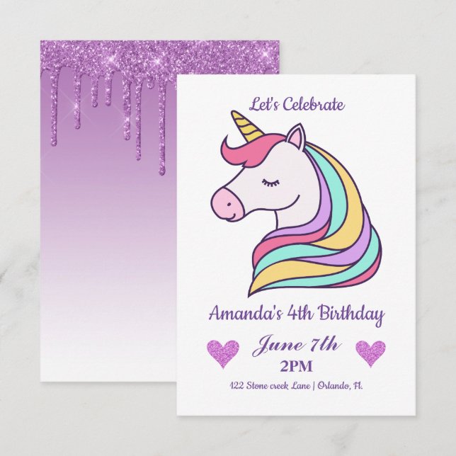 Invitation Cute Colorful Magique Unicorn Anniversaire (Devant / Derrière)