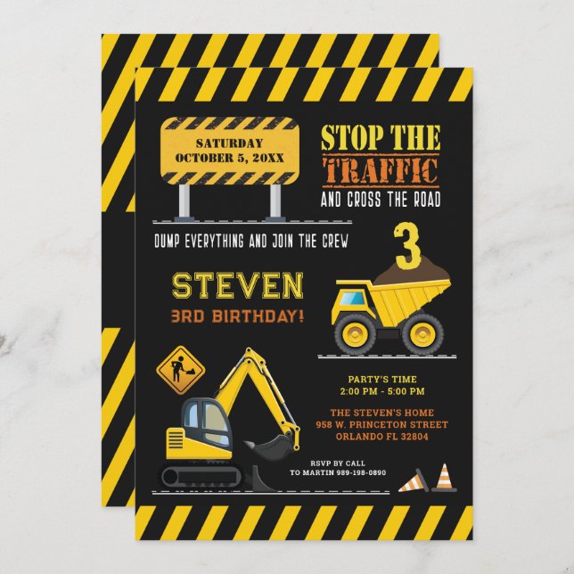 Invitation Cute Construction Camion Camion Anniversaire Garço (Devant / Derrière)