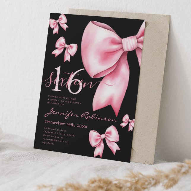 Invitation Cute Coquette Blush Pink Bow Sweet 16 Noir (Cute Coquette Blush Pink Bow Sweet 16 Black Invitation)