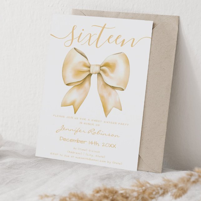 Invitation Cute Coquette Gold Bow Sweet 16 Anniversaire (Cute Coquette Gold Bow Sweet 16 Birthday Invitation)