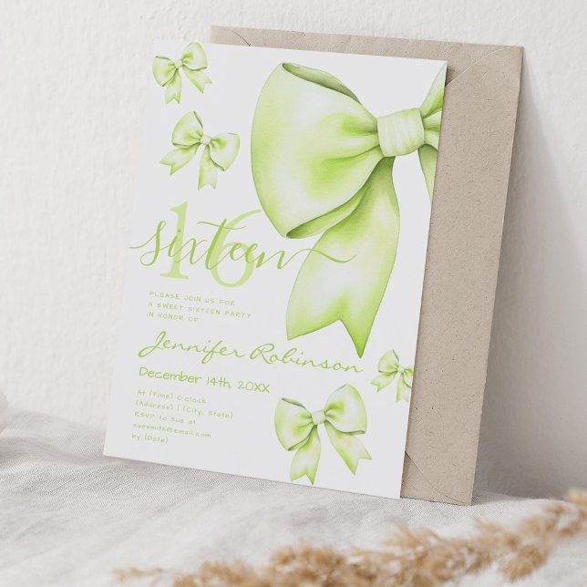 Invitation Cute Coquette Lime Green Bow Sweet 16 (Cute Coquette Lime Green Bow Sweet 16 Invitation)