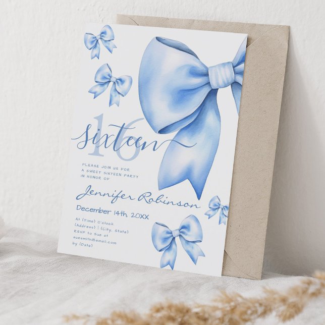 Invitation Cute Coquette Marine Bleu Bow Sweet 16 (Cute Coquette Navy Blue Bow Sweet 16 Invitation)