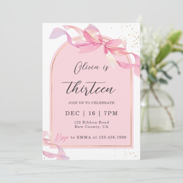 Invitation Cute Coquette Pink Gold Bow Girl Birthday (Debout devant)