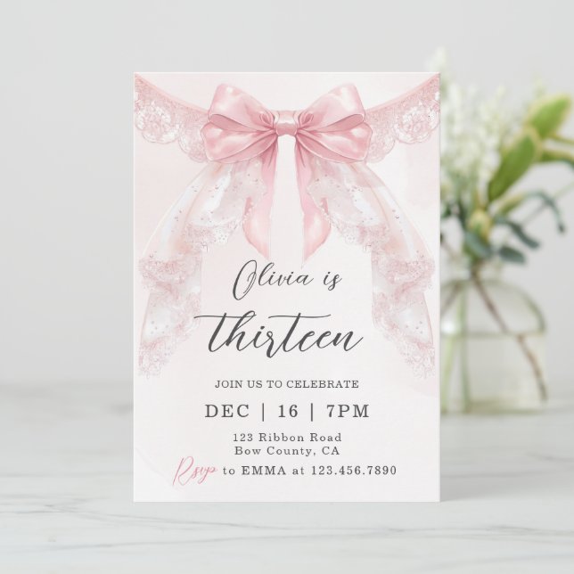 Invitation Cute Coquette Pink Lace Bow Girl Birthday (Debout devant)