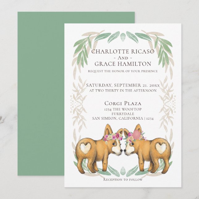 Invitation Cute Corgi Chien Deux Mariées Mariage gay (Devant / Derrière)