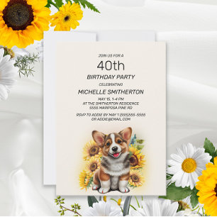Invitation Cute Corgi Chien Tournesols 40e anniversaire
