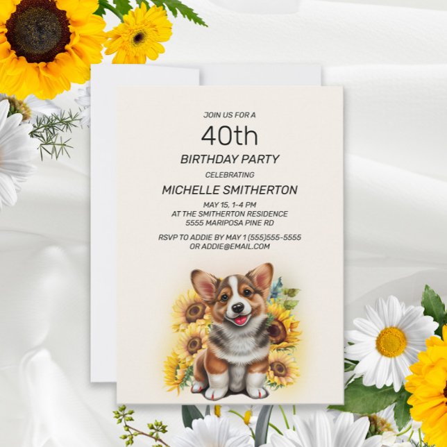 Invitation Cute Corgi Chien Tournesols 40e anniversaire (Créateur téléchargé)