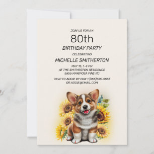 Invitation Cute Corgi Chien Tournesols 80e anniversaire