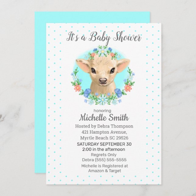 Invitation Cute Cow Blue Boys Floral Baby shower (Devant / Derrière)