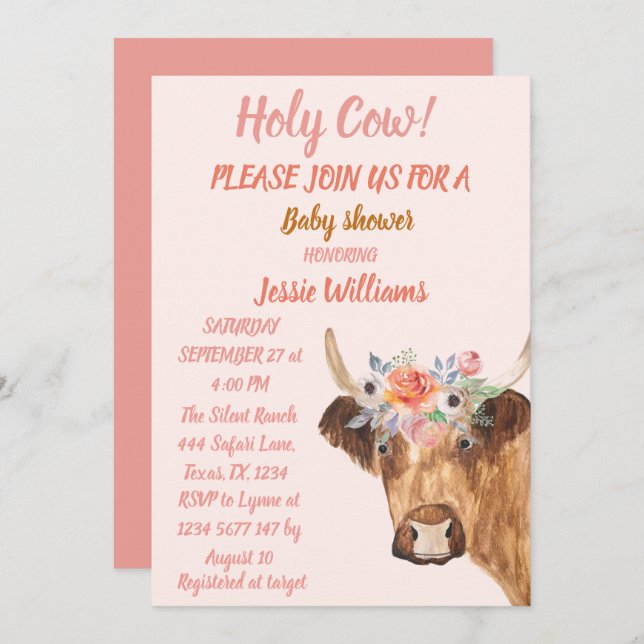 Invitation Cute Cow Boho Country Baby Girl Western Floral In (Devant / Derrière)