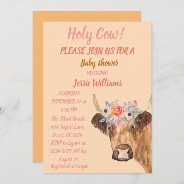 Invitation Cute Cow Boho Pays Bébé Fille Floral Occidental (Devant / Derrière)