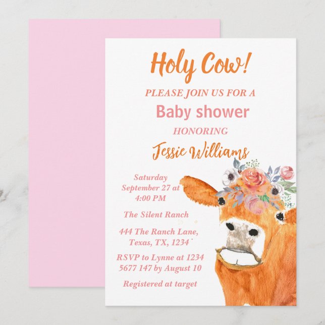 Invitation Cute Cow Boho Pays Bébé Fille Floral Occidental (Devant / Derrière)