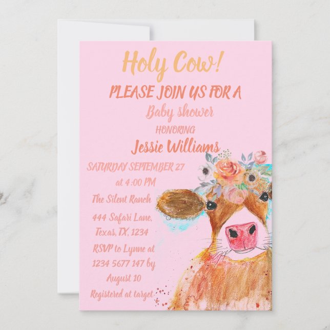 Invitation Cute Cow Boho Pays Bébé Girl Western Floral Inv (Devant)