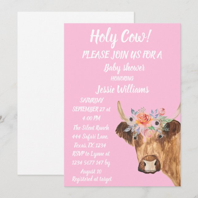 Invitation Cute Cow Farm Pays Baby Girl Western Floral (Devant / Derrière)