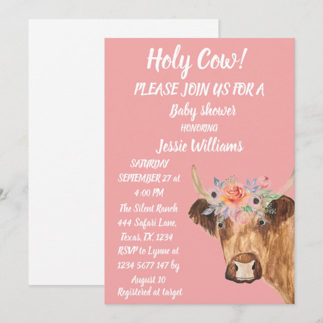 Invitation Cute Cow Farm Pays Baby Girl Western Floral (Devant / Derrière)