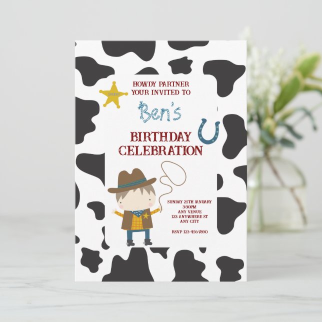 Invitation Cute Cow print Cowboy Birthday (Debout devant)