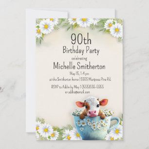 Invitation Cute Cow Teacup Daisies 100e fête d'anniversaire