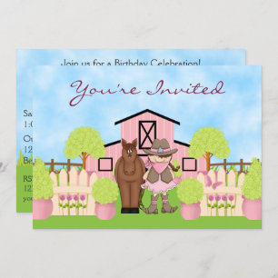 Invitation Cute Cowgirl, Cheval Brown et Grange Rose Annivers