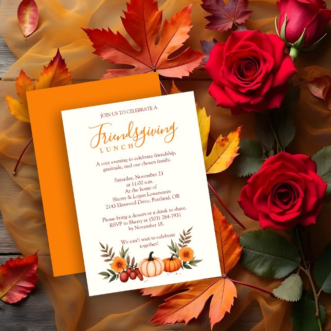 Invitation Cute Cozy Autumn Friendsgiving Pumpkins (Cute Cozy Autumn Friendsgiving Thanksgiving Pumpkins Invitation Lunch Party Cards with Back Orange. )
