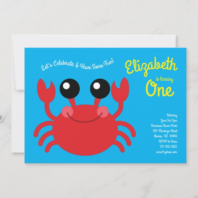 Invitation Cute Crab Beach Enfants 1er anniversaire (Devant)