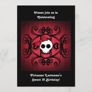 Invitation Cute crâne gothique sur rouge et noir 5x7 doux 16