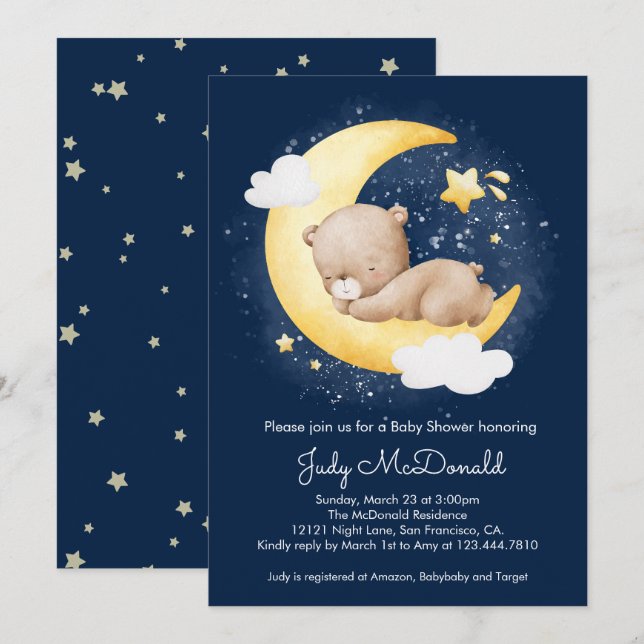 Invitation Cute Crescent Marine Lune Teddy Bear Baby shower (Devant / Derrière)