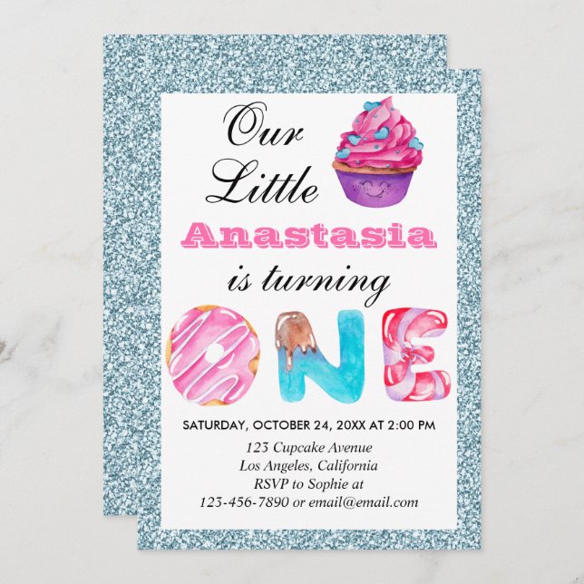 Invitation Cute Cupcake Bleu clair Parties scintillant 1er an (Devant / Derrière)