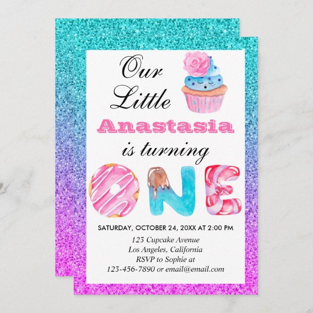 Invitation Cute Cupcake Blue Purple Parties scintillant 1er a (Devant / Derrière)