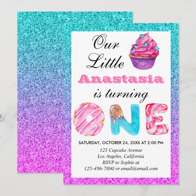 Invitation Cute Cupcake Blue Purple Parties scintillant 1er a (Devant / Derrière)