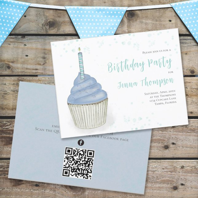 Invitation Cute Cupcake Blue QR Code Social Media Simple (Créateur téléchargé)