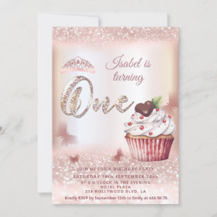 Invitation Cute Cupcake Rose or glitterie papillon tiara