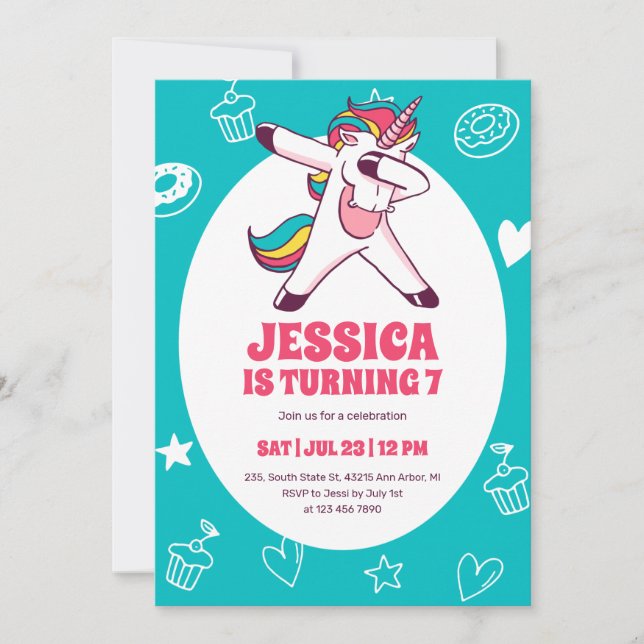 Invitation Cute Dabbing Unicorn Anniversaire de enfant de des (Devant)