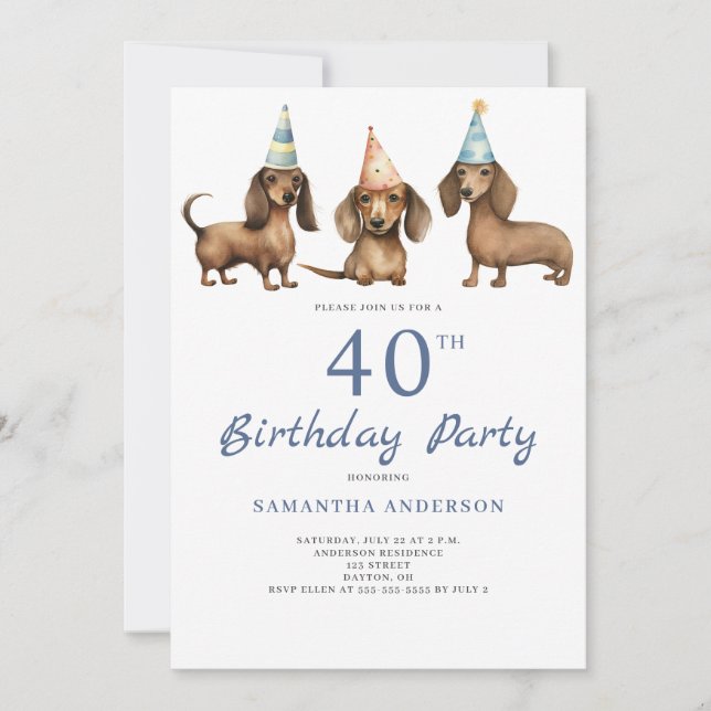 Invitation Cute Dachshund Chien 40e anniversaire de fête Invi (Devant)