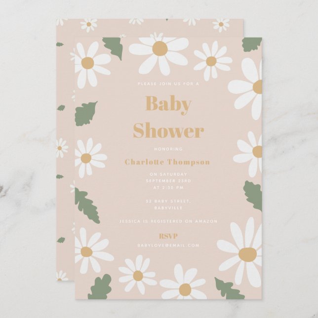 Invitation Cute Daisy Flower Baby Shower Girl Pink (Devant / Derrière)