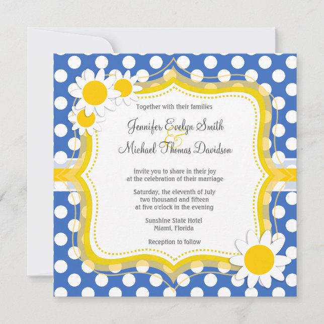 Invitation Cute Daisy sur Cerulean Blue Pois (Devant)