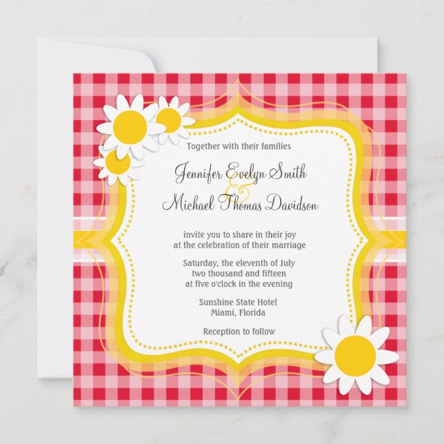 Invitation Cute Daisy sur Retro Scarlet Red En vichy Motif (Devant)